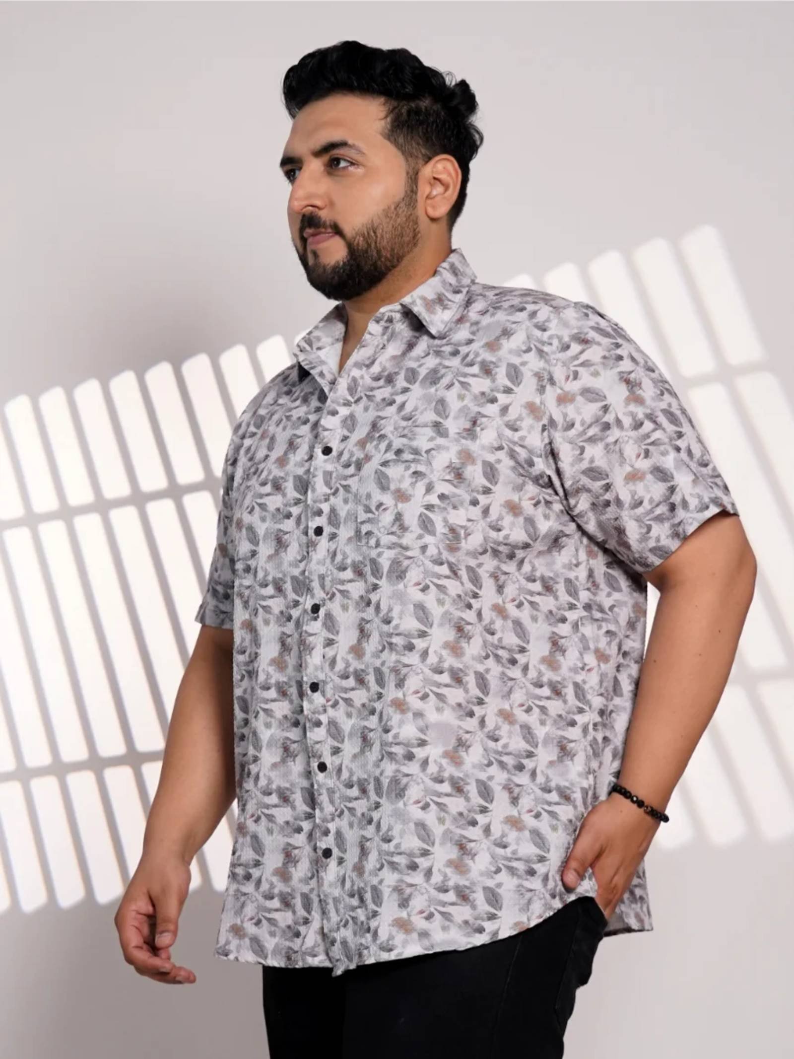 Plus Size Grey Floral Printed Casual Shirt for Men