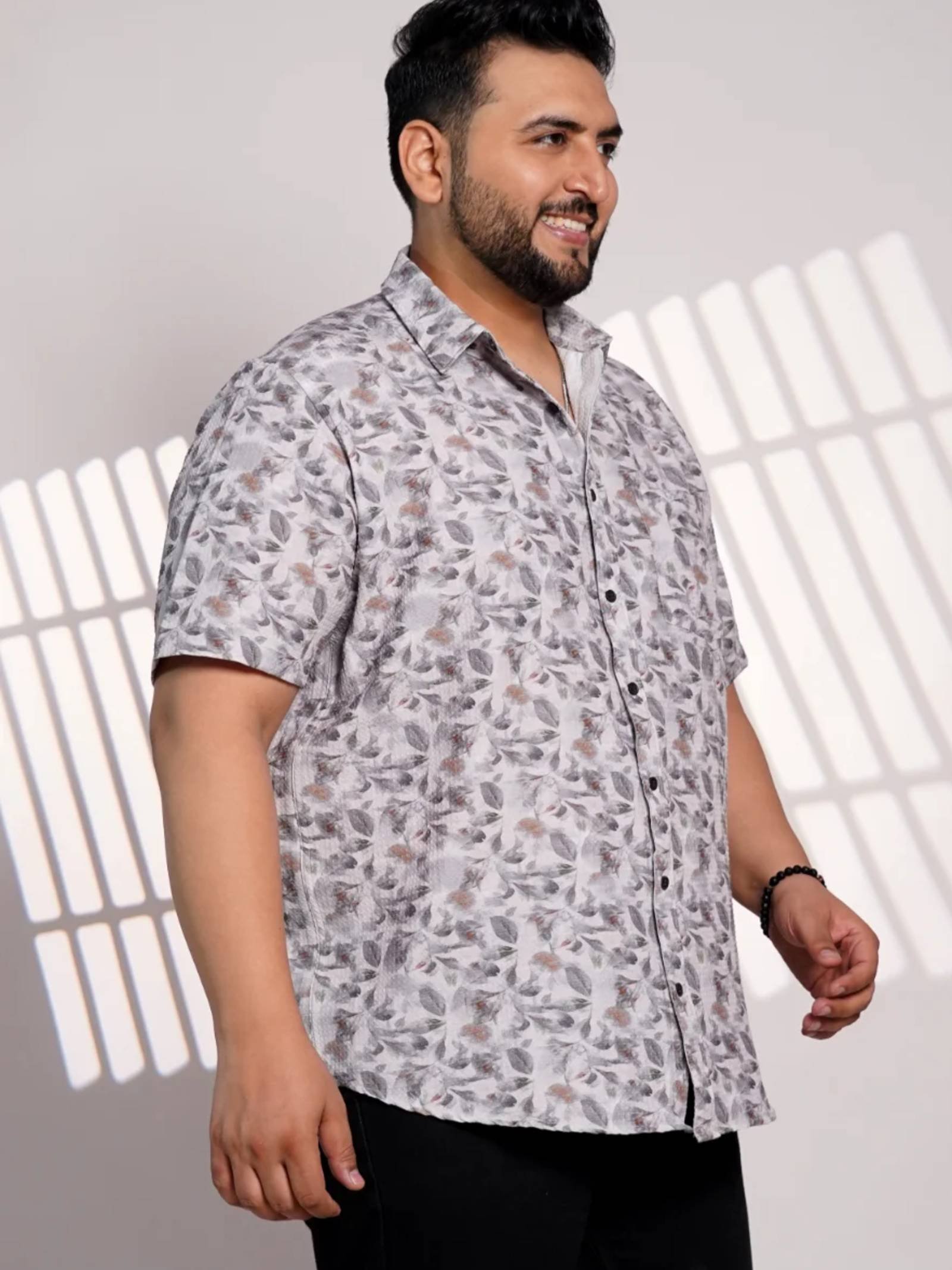 Plus Size Grey Floral Printed Casual Shirt for Men