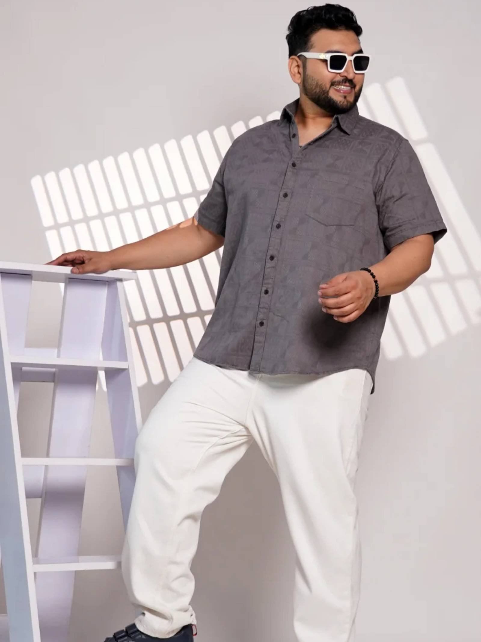 Charcoal Grey Textured Plus Size Men’s Casual Shirt