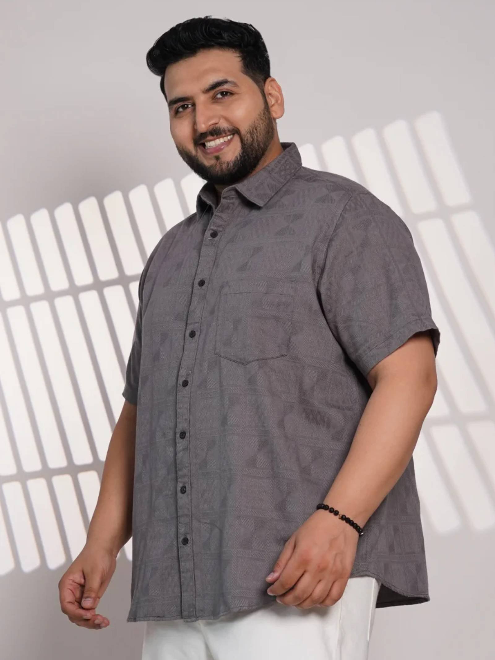 Charcoal Grey Textured Plus Size Men’s Casual Shirt