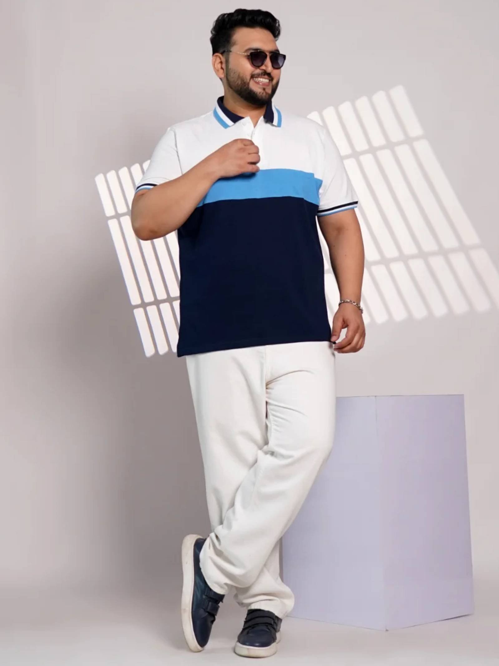 Plus Size Color Block Polo T-Shirt for Men – White, Sky Blue & Navy