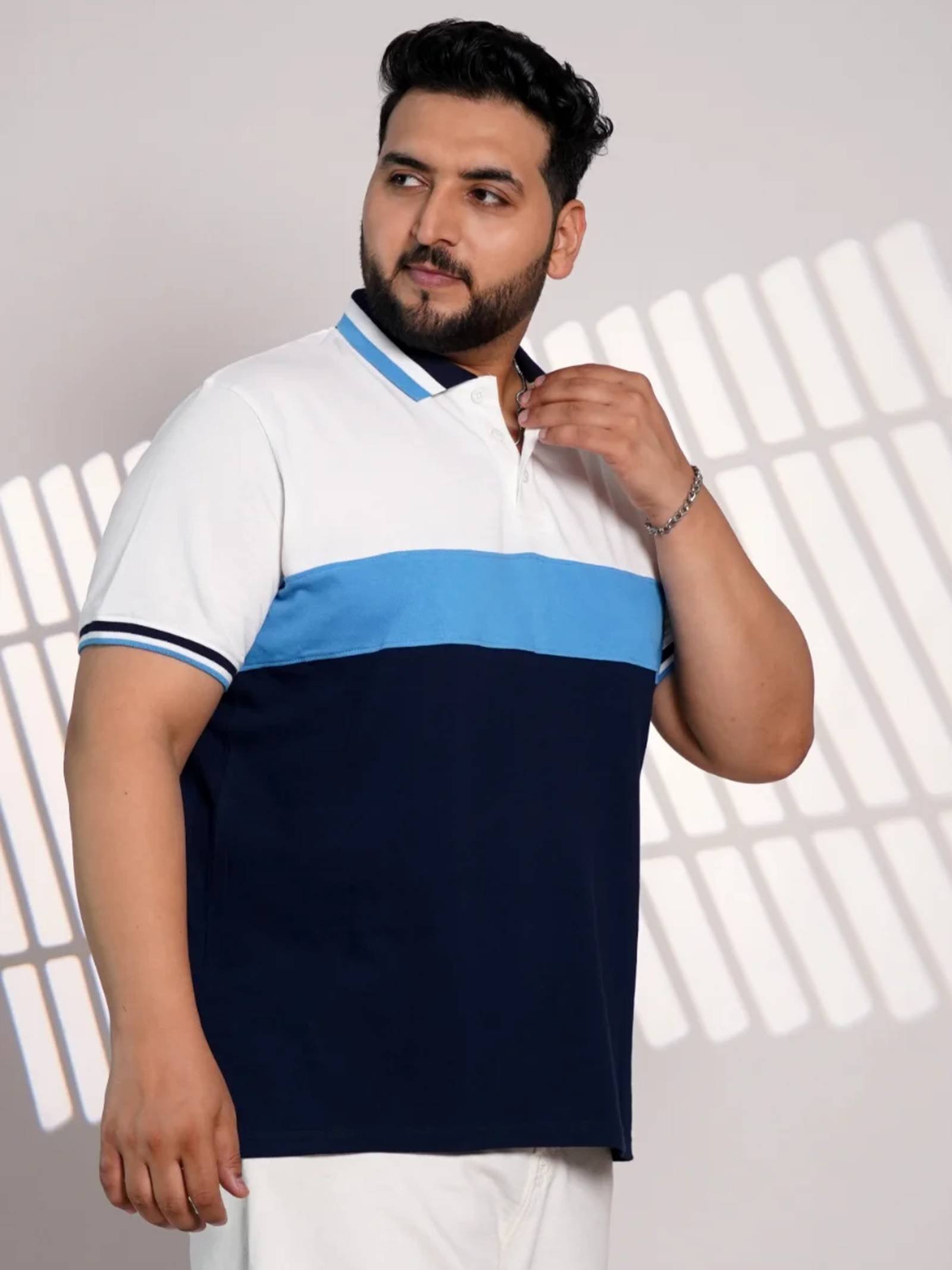 Plus Size Color Block Polo T-Shirt for Men – White, Sky Blue & Navy