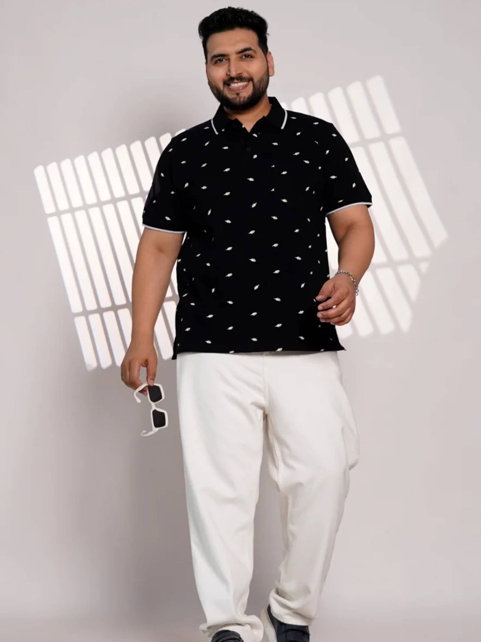 Plus Size Black Leaf Print Polo T-Shirt for Men