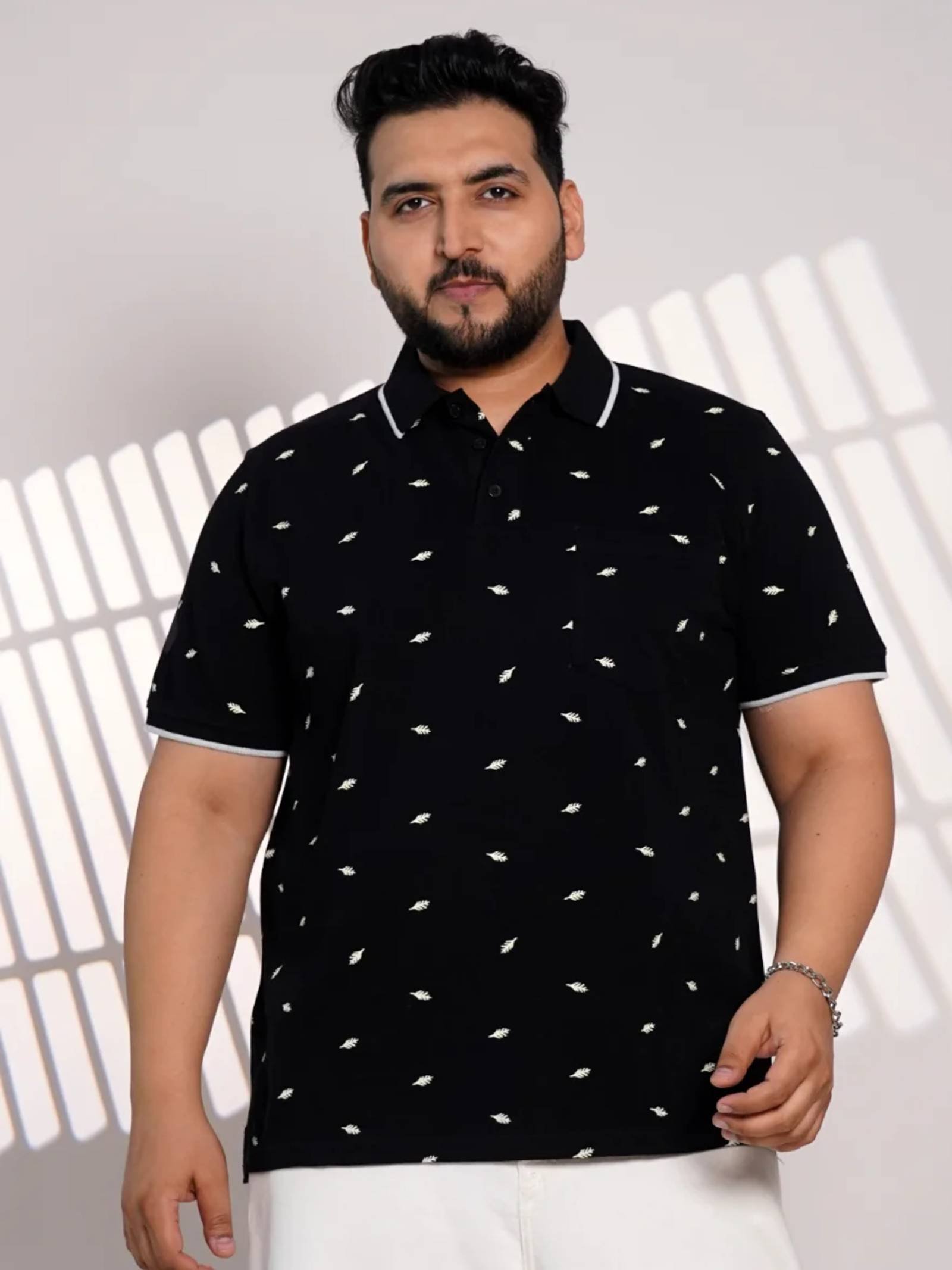 Plus Size Black Leaf Print Polo T-Shirt for Men