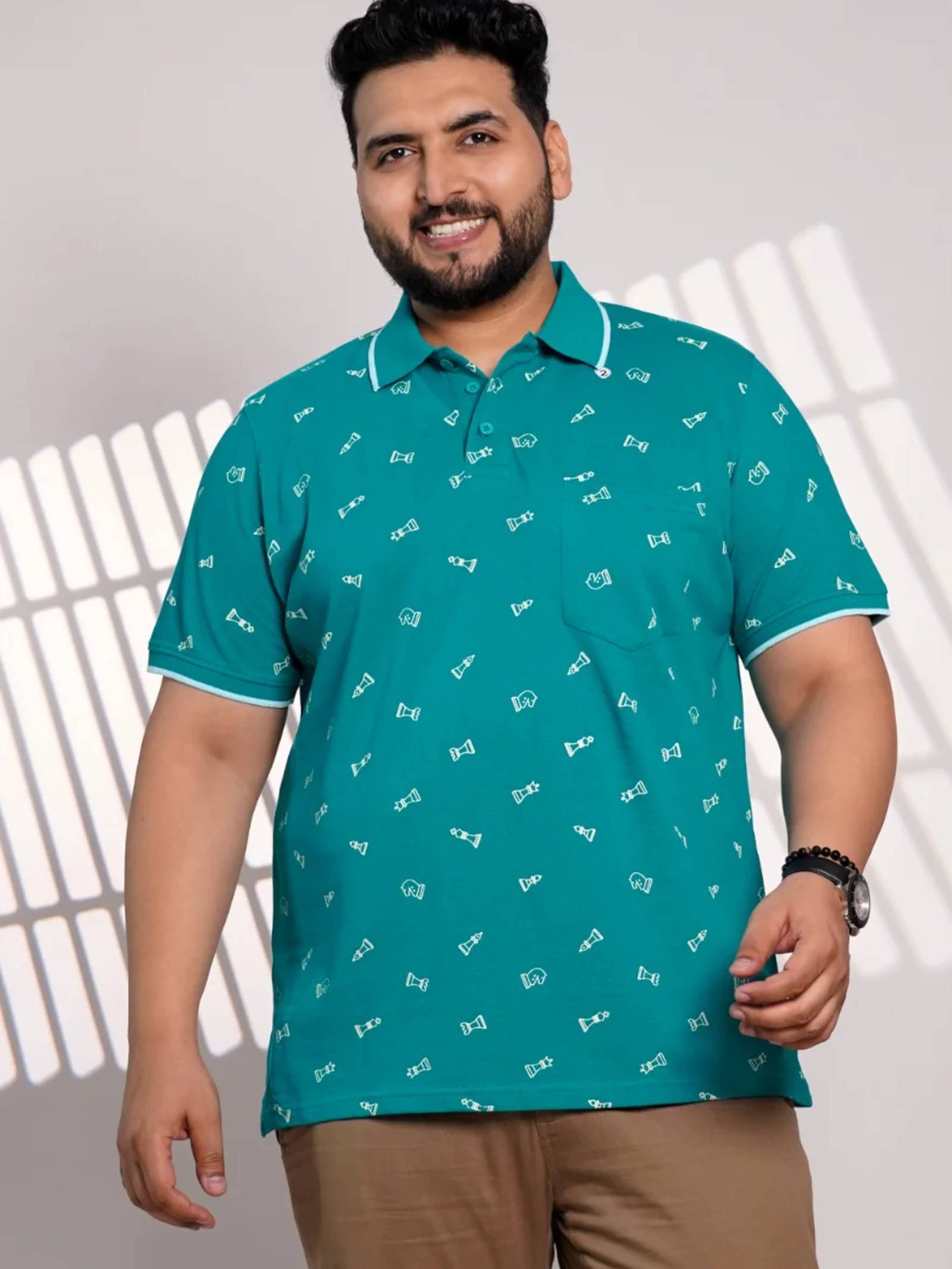 Plus Size Teal Chess Print Polo T-Shirt for Men