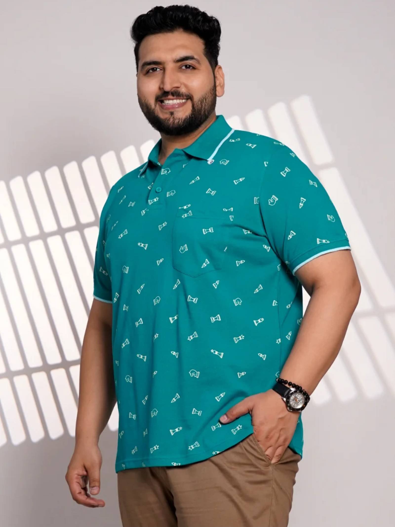 Plus Size Teal Chess Print Polo T-Shirt for Men