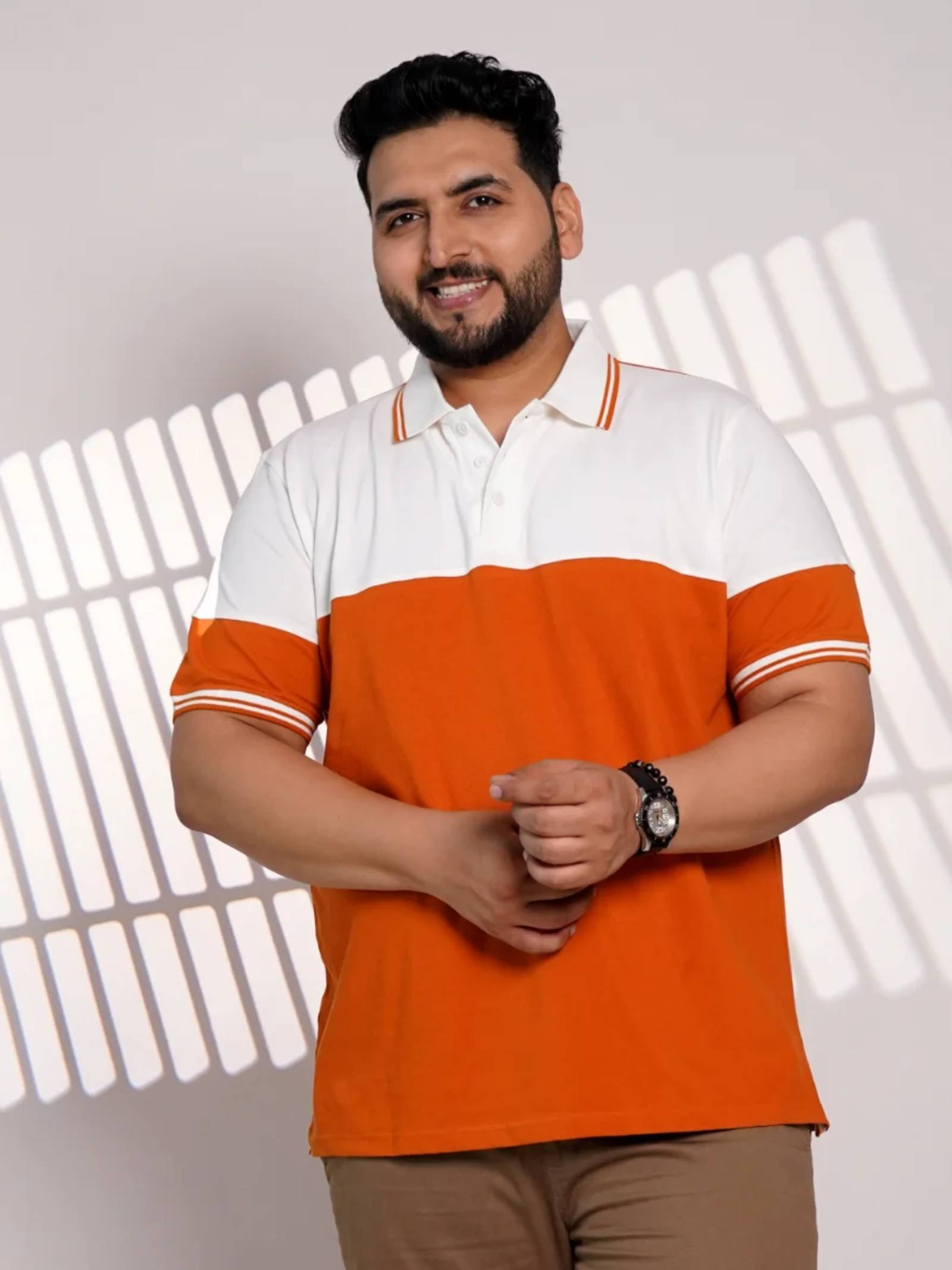 Plus Size Orange & White Color Block Polo T-Shirt for Men