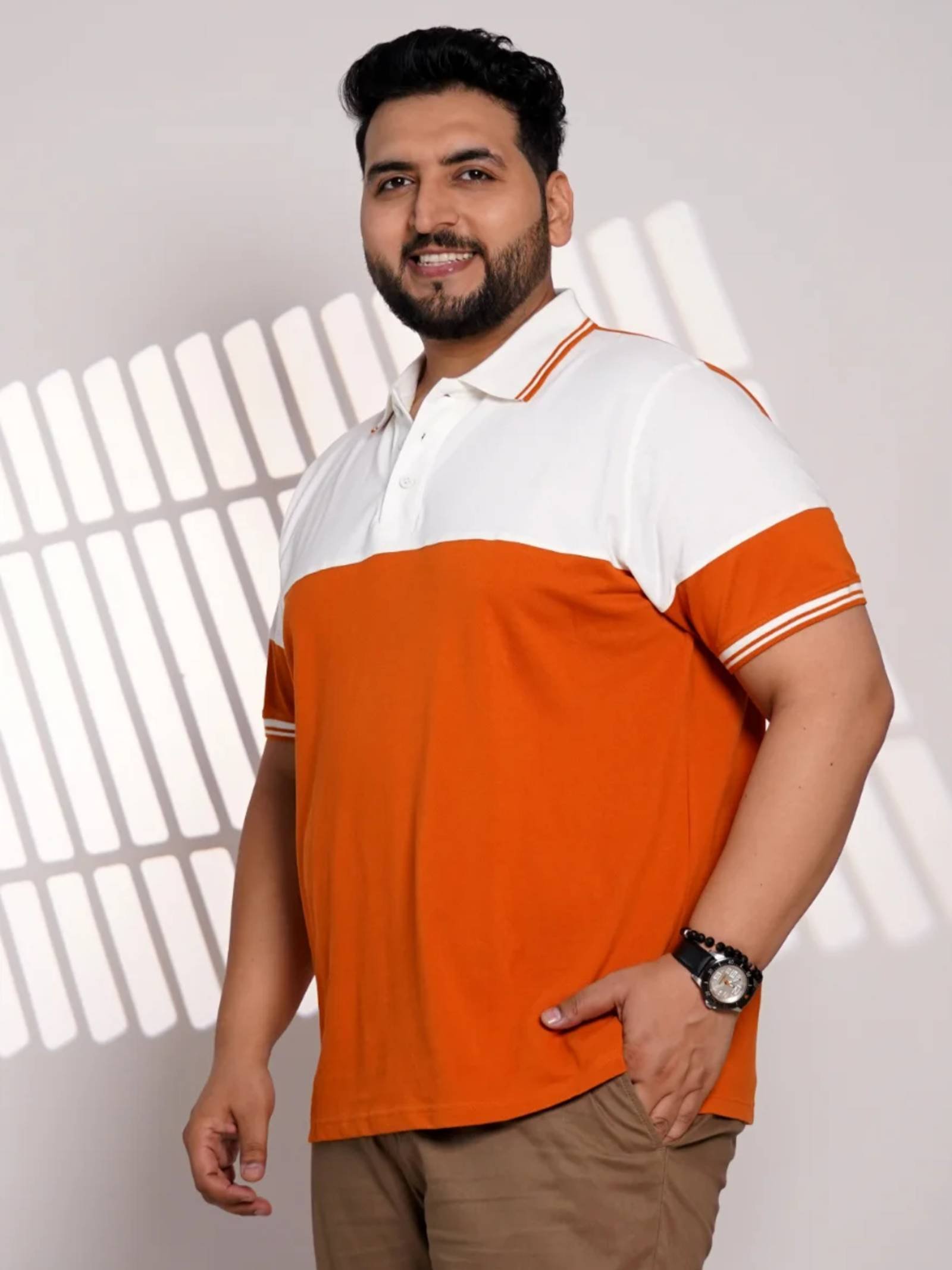 Plus Size Orange & White Color Block Polo T-Shirt for Men