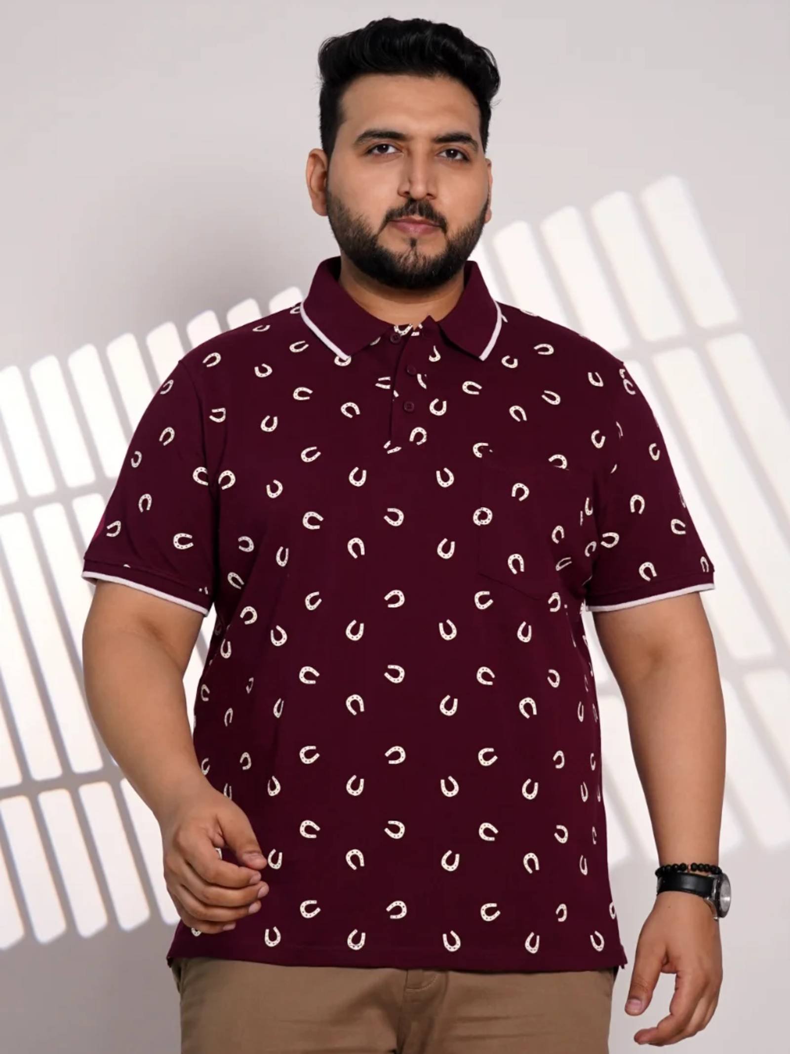 Plus Size Maroon Printed Polo T-Shirt for Men