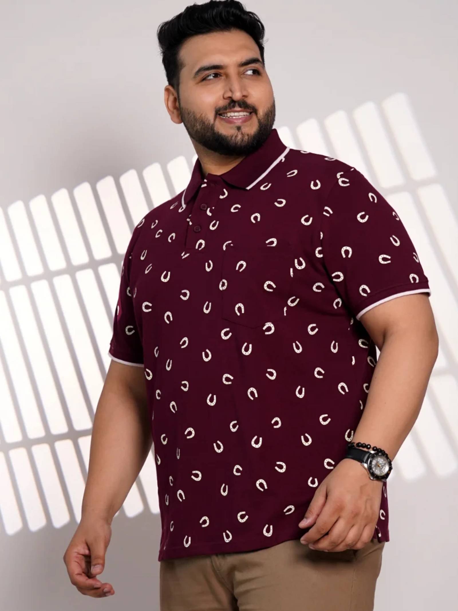 Plus Size Maroon Printed Polo T-Shirt for Men
