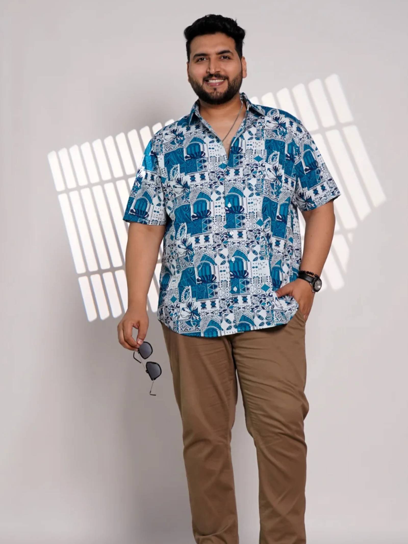 Plus Size Blue Printed Casual Shirt for Men