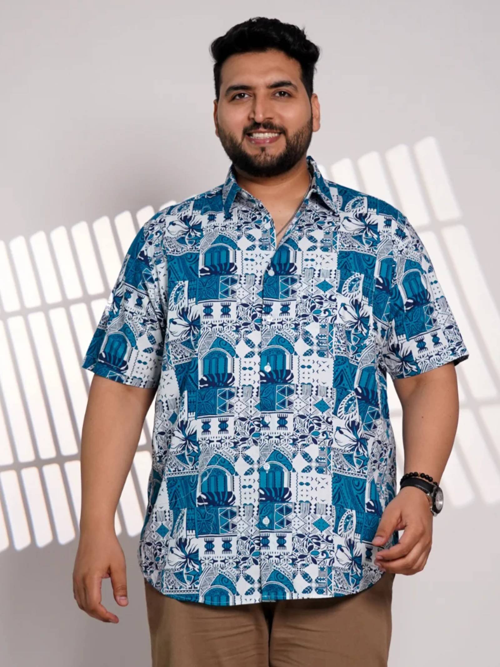 Plus Size Blue Printed Casual Shirt for Men