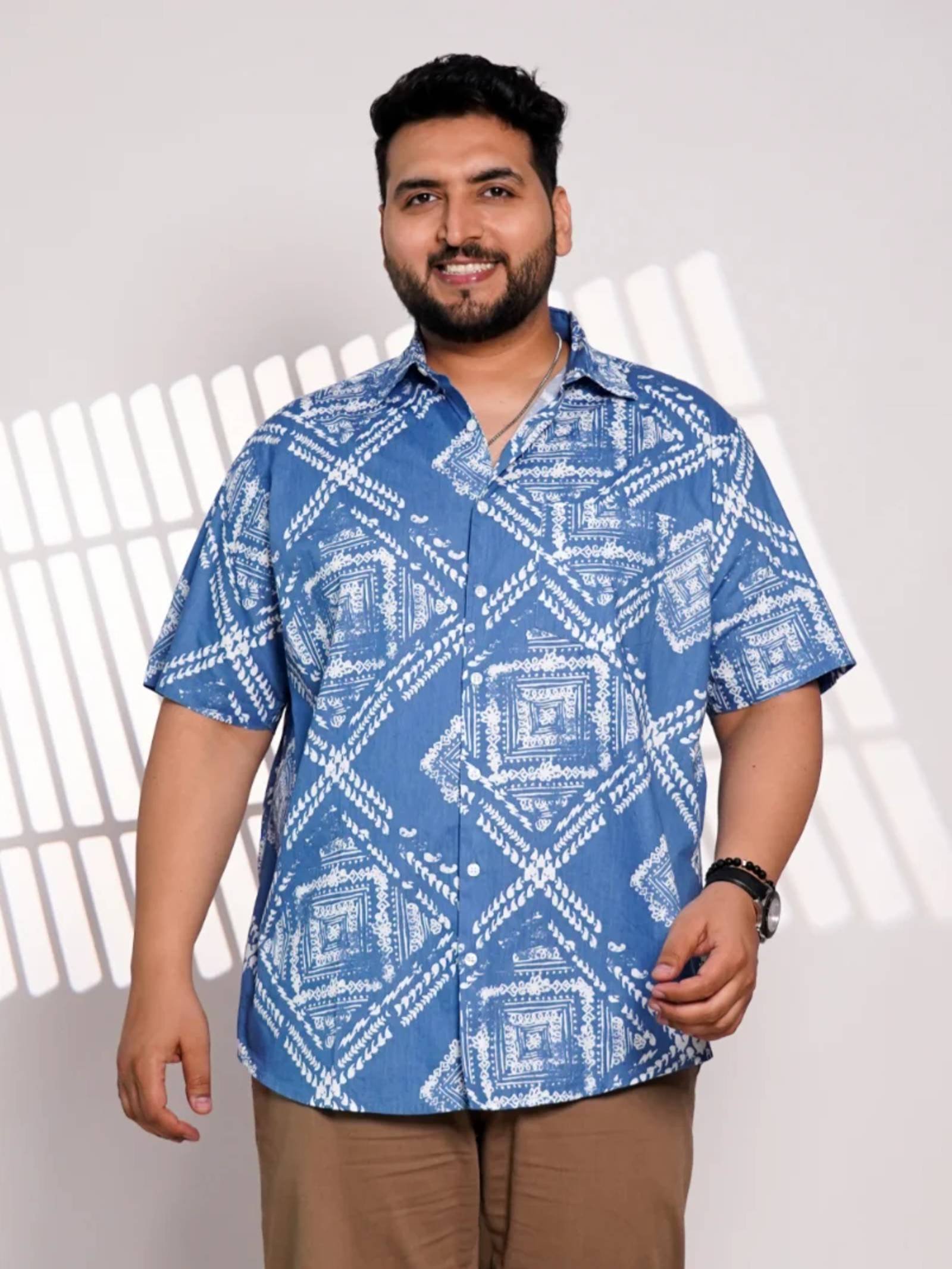 Plus Size Sky Blue Printed Casual Shirt for Men
