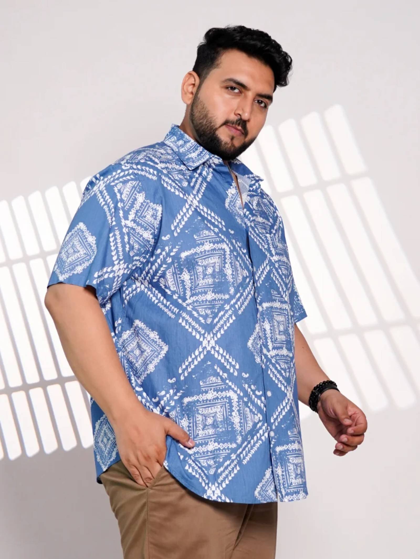 Plus Size Sky Blue Printed Casual Shirt for Men