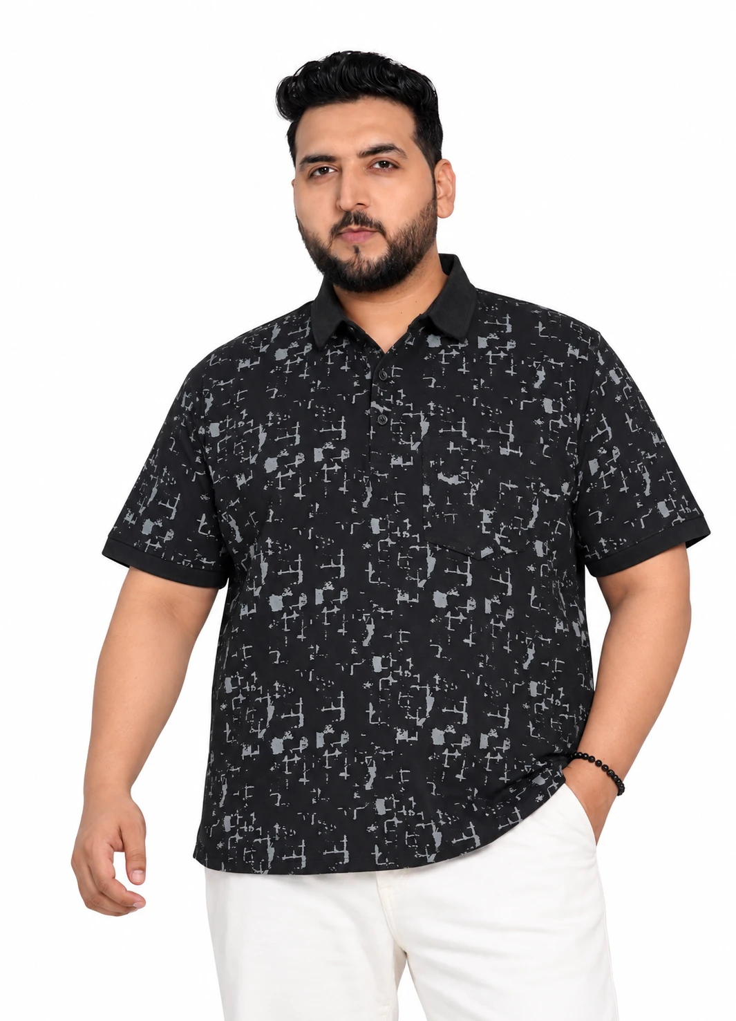Black Abstract Print Half-Sleeve Plus Size Shirt
