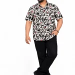 Black and White Leaf Print Half-Sleeve Plus Size Shirt