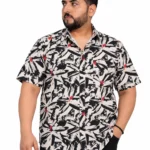 Black and White Leaf Print Half-Sleeve Plus Size Shirt