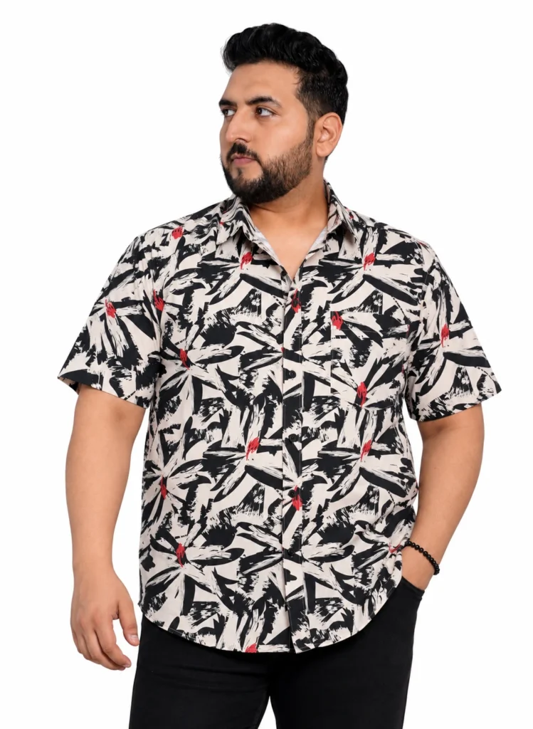 Black and White Leaf Print Half-Sleeve Plus Size Shirt