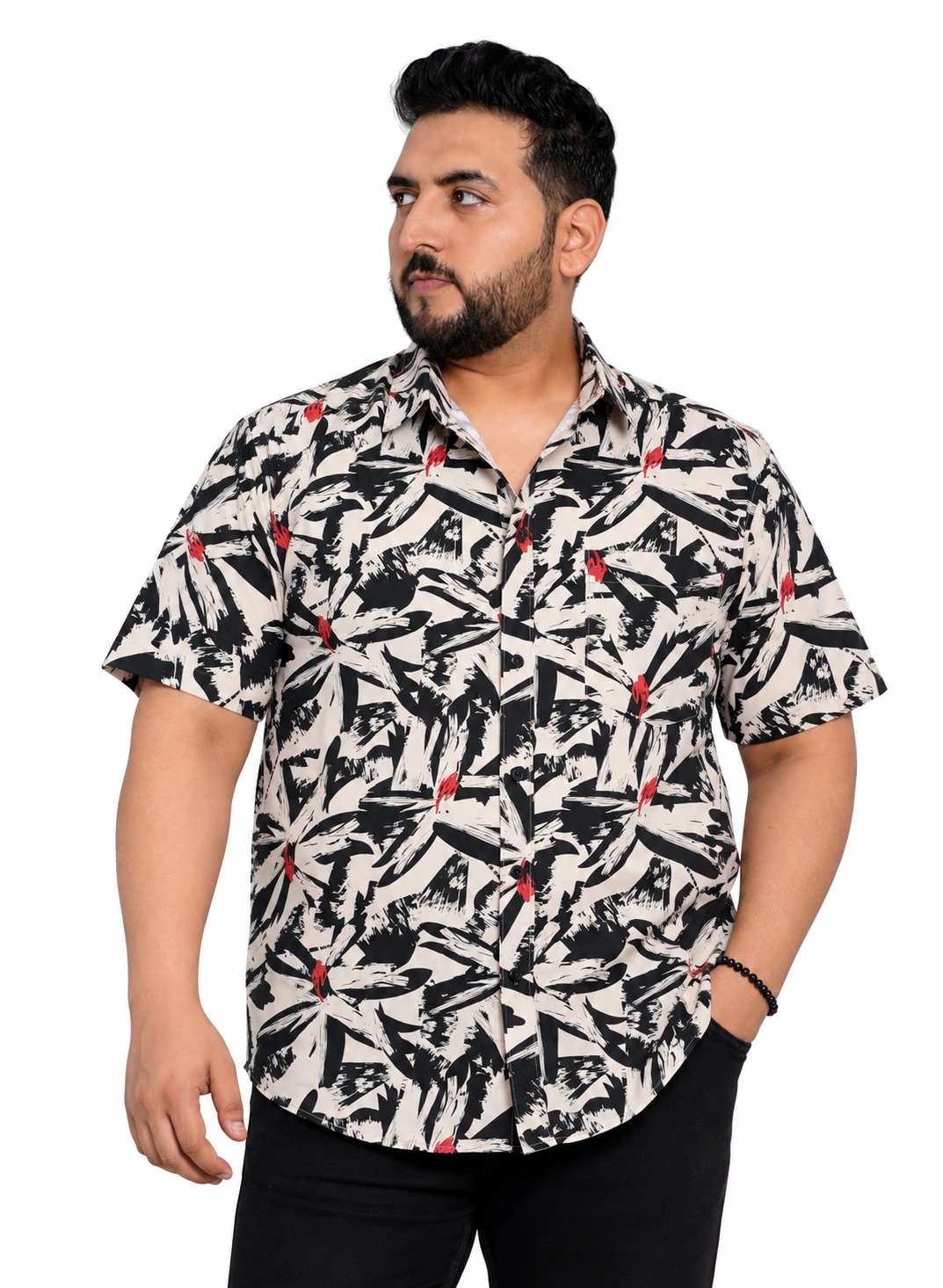 Black and White Leaf Print Half-Sleeve Plus Size Shirt
