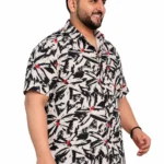 Black and White Leaf Print Half-Sleeve Plus Size Shirt