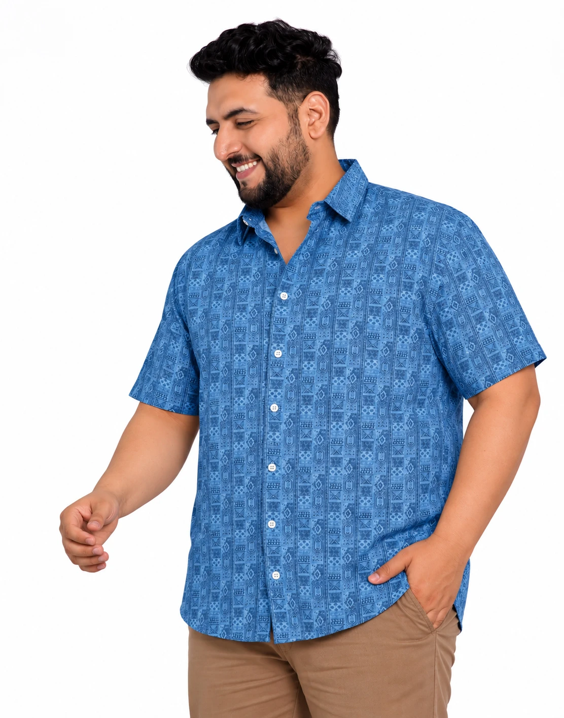 Blue Geometric Print Half-Sleeve Plus Size Shirt alternate view