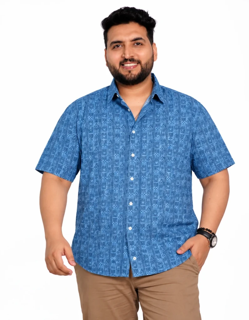 Blue Geometric Print Half-Sleeve Plus Size Shirt