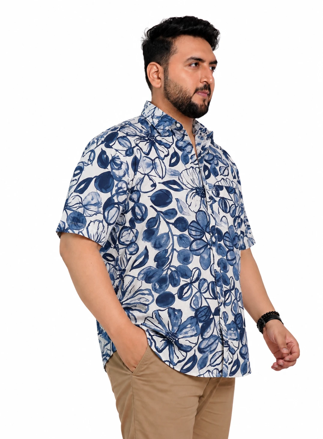 Blue and White Botanical Half-Sleeve Plus Size Shirt alternate view