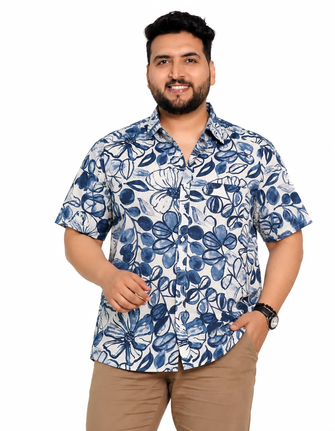 Blue and White Botanical Half-Sleeve Plus Size Shirt