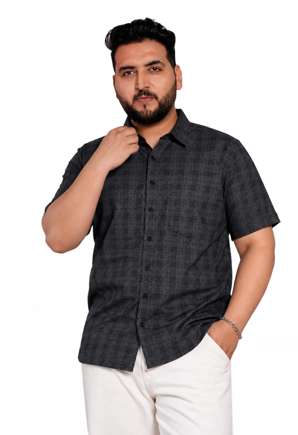 Charcoal Textured Pattern Half-Sleeve Plus Size Shirt