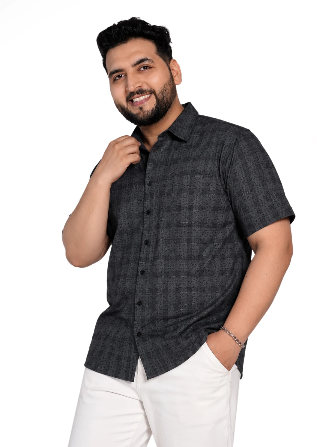 Charcoal Textured Pattern Half-Sleeve Plus Size Shirt alternate view