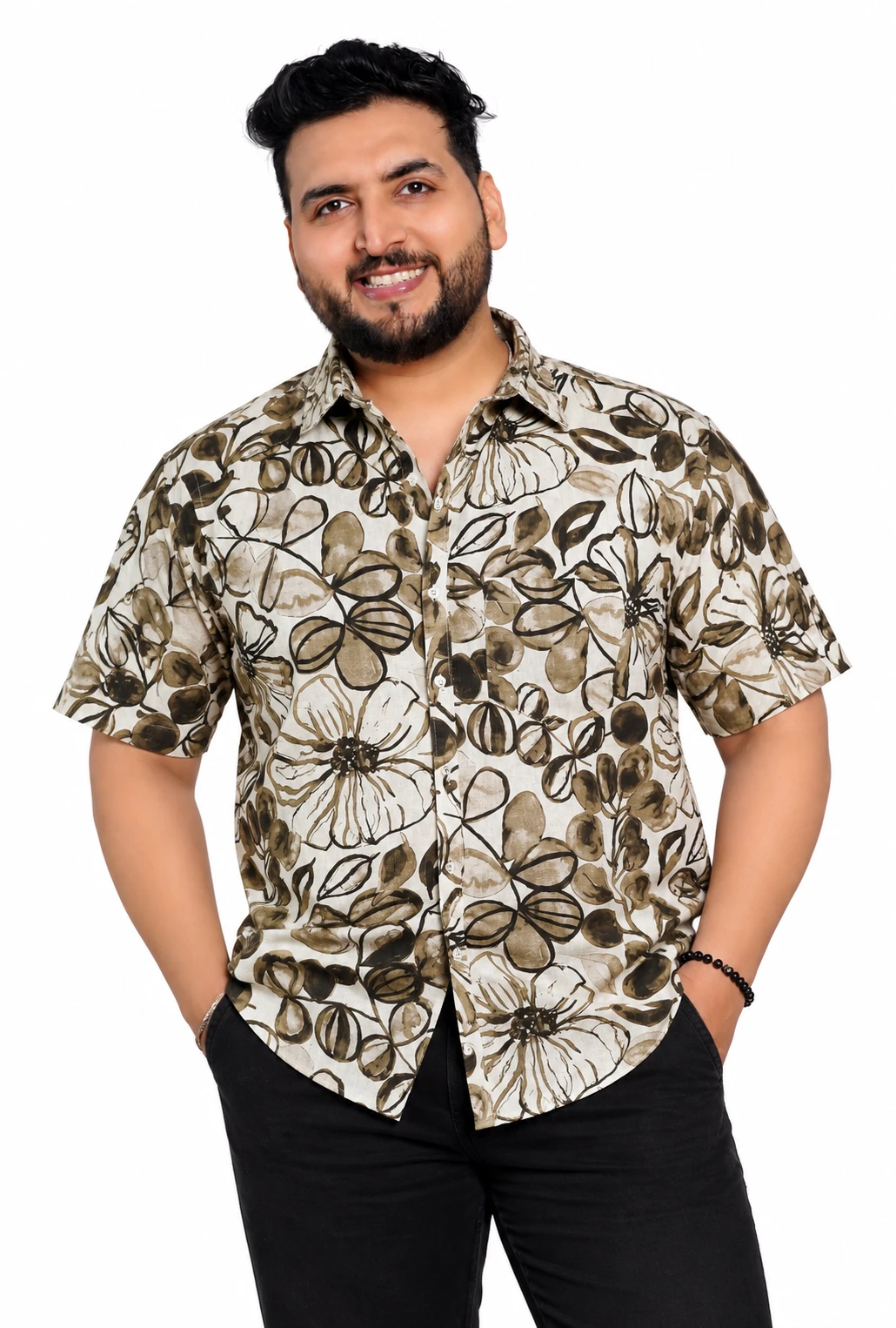 Cream Botanical Print Half-Sleeve Plus Size Shirt