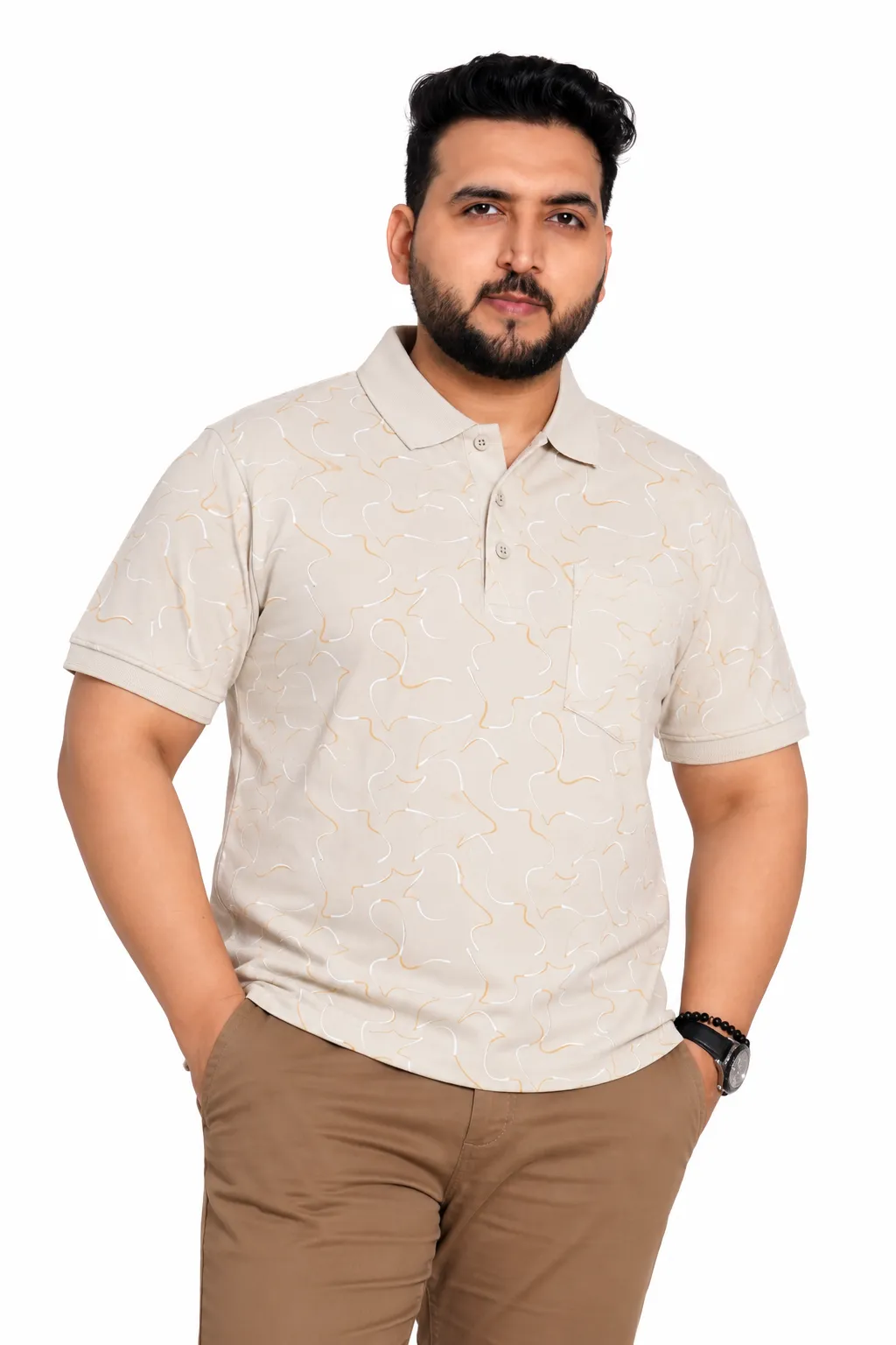 Cream Tonal-Pattern Plus Size Polo T-Shirt