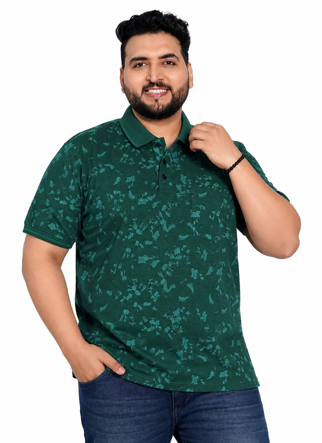 Forest Green Patterned Plus Size Polo T-Shirt
