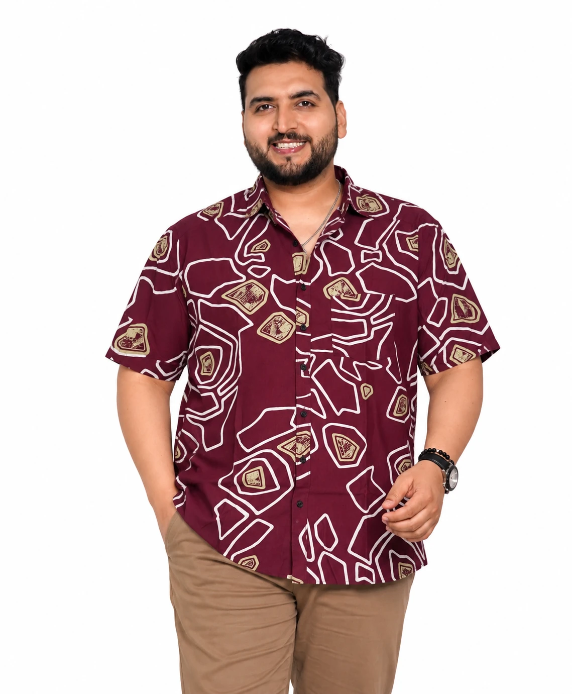 Maroon Abstract Outline Half-Sleeve Plus Size Shirt