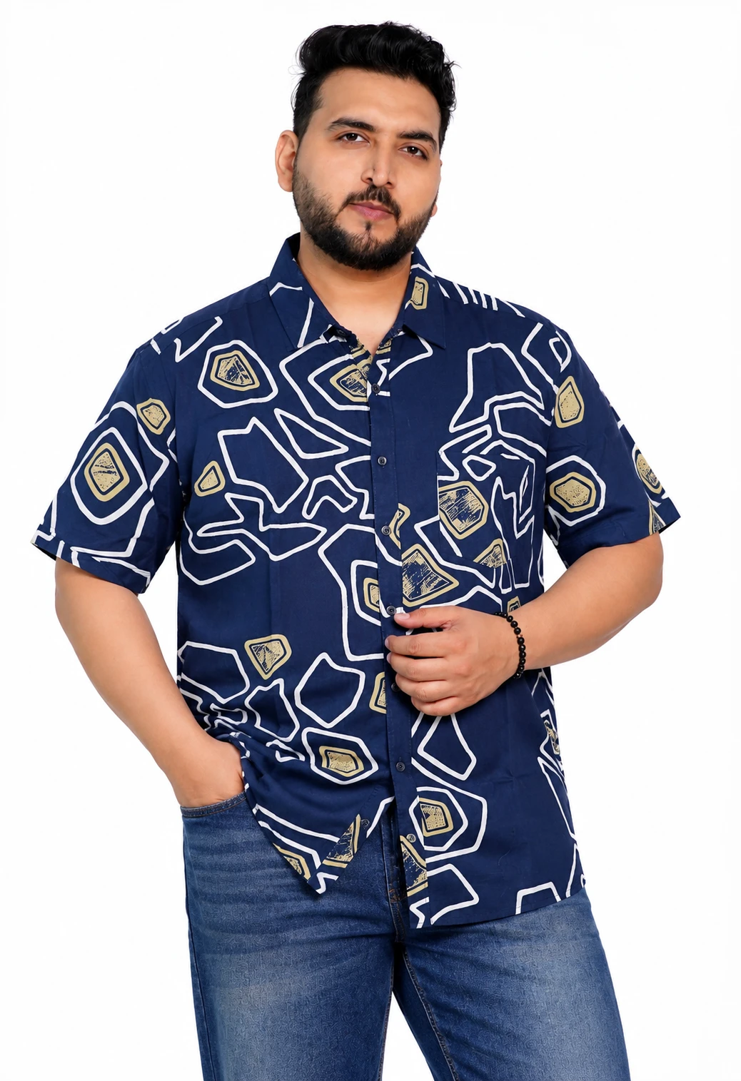 Navy Abstract Outline Half-Sleeve Plus Size Shirt