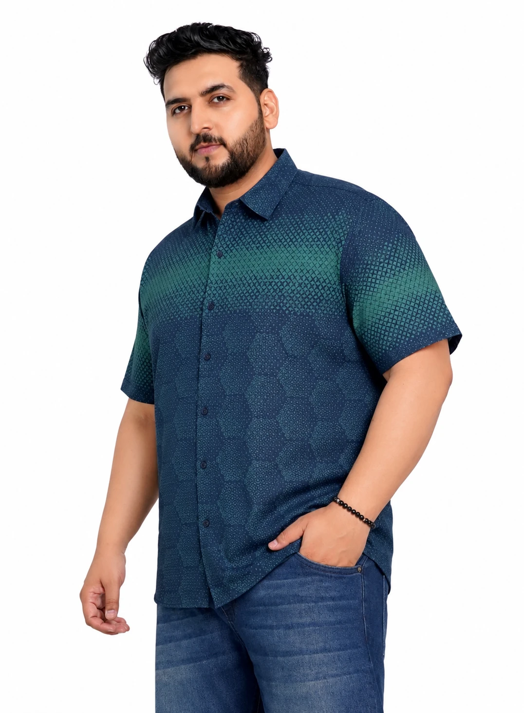 Navy and Green Geometric Half-Sleeve Plus Size Shirt alternate view