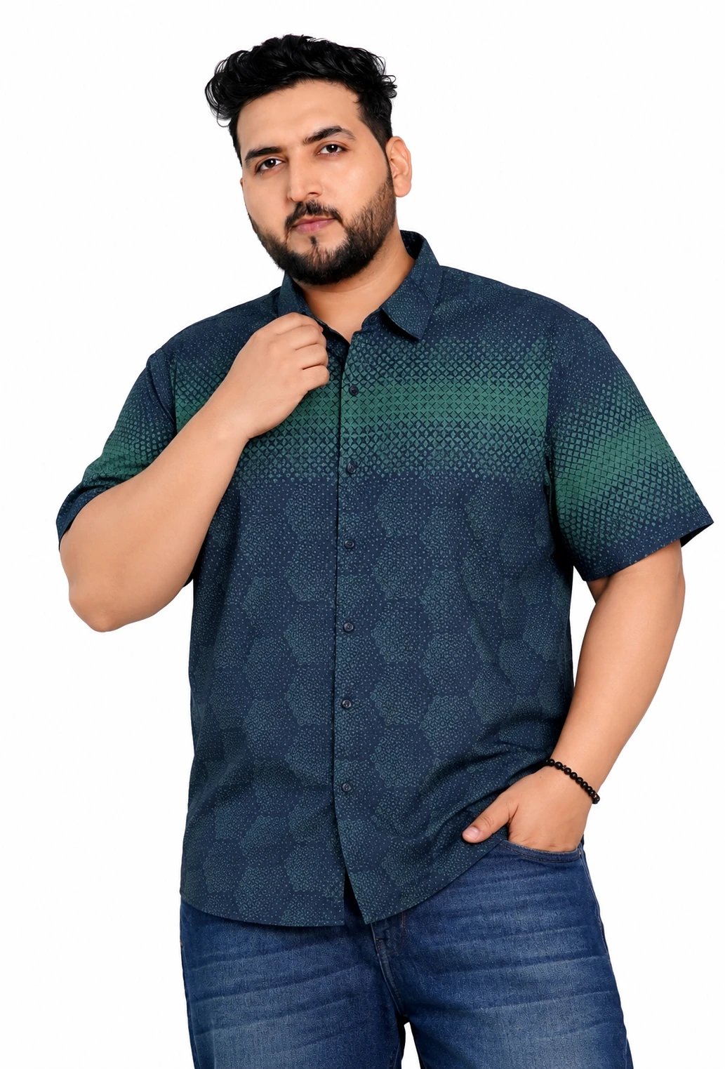 Navy and Green Geometric Half-Sleeve Plus Size Shirt