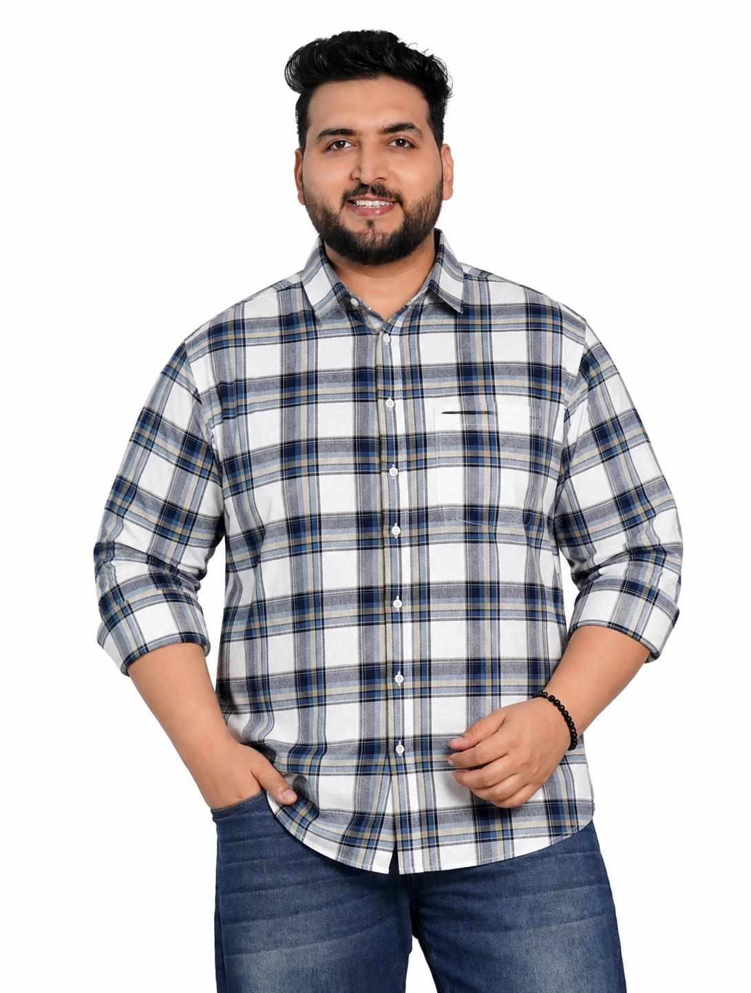Navy and White Check Long-Sleeve Plus Size Shirt