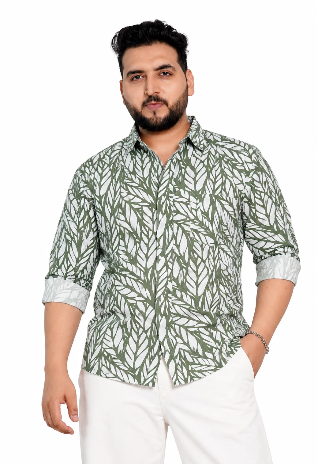 Olive Leaf Print Long-Sleeve Plus Size Shirt