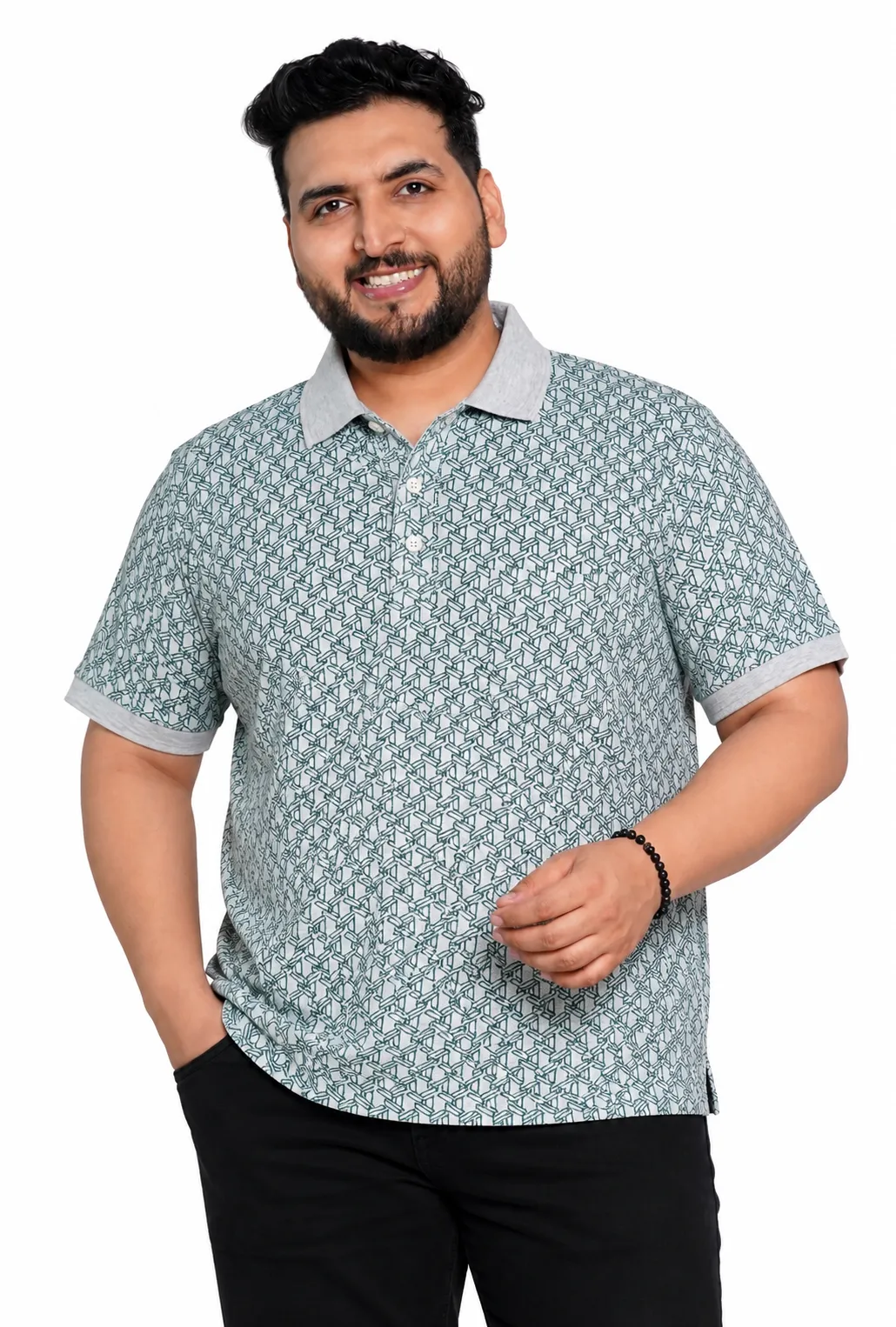 Sage Geometric Print Plus Size Polo T-Shirt