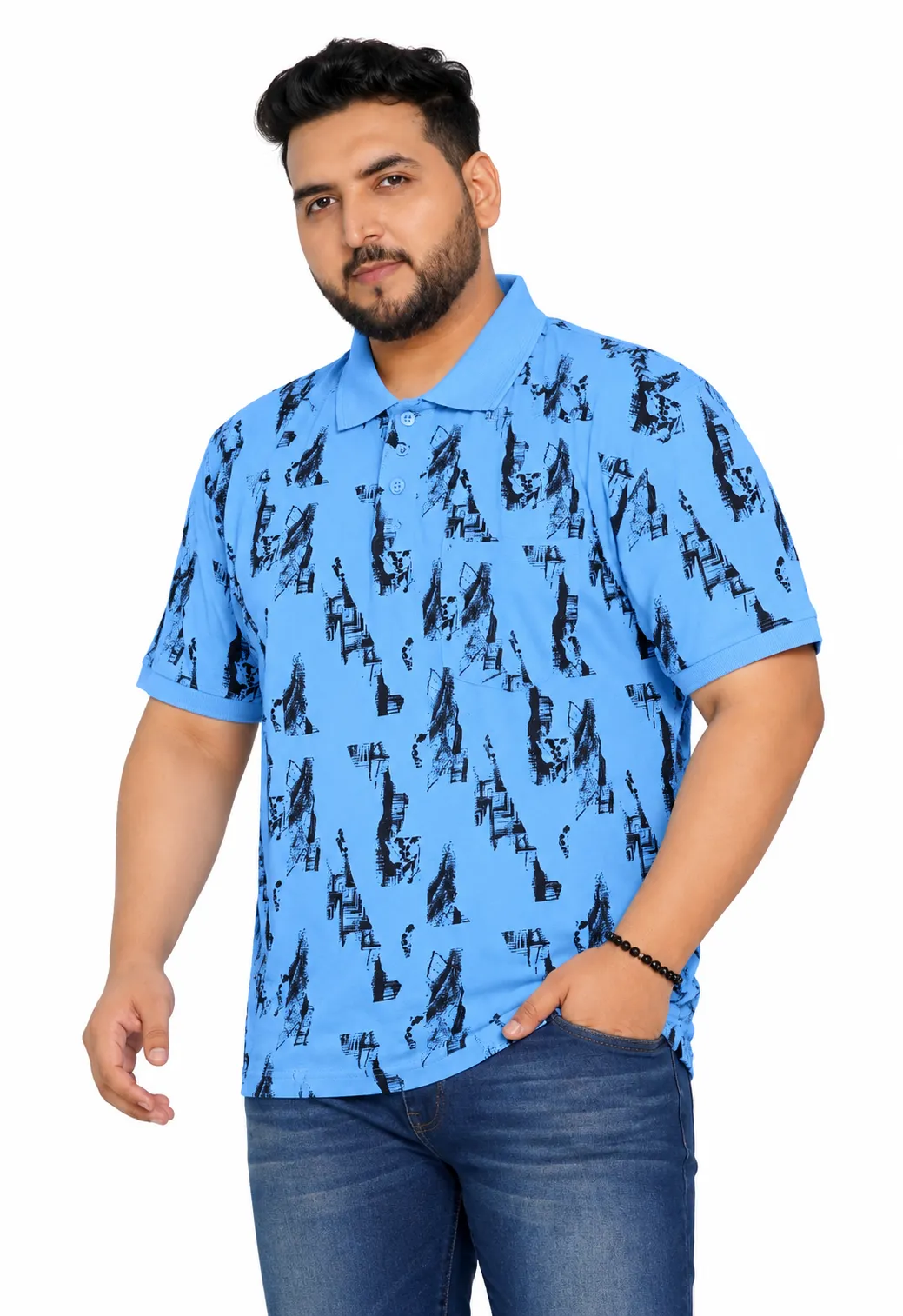 Sky Blue Abstract Print Plus Size Polo T-Shirt alternate view