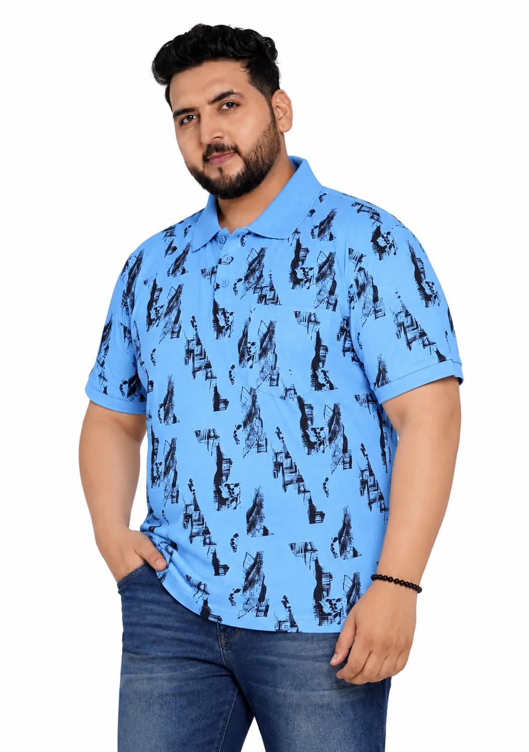 Sky Blue Abstract Print Plus Size Polo T-Shirt