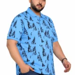 Sky Blue Abstract Print Plus Size Polo T-Shirt