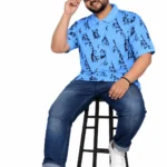 Sky Blue Abstract Print Plus Size Polo T-Shirt