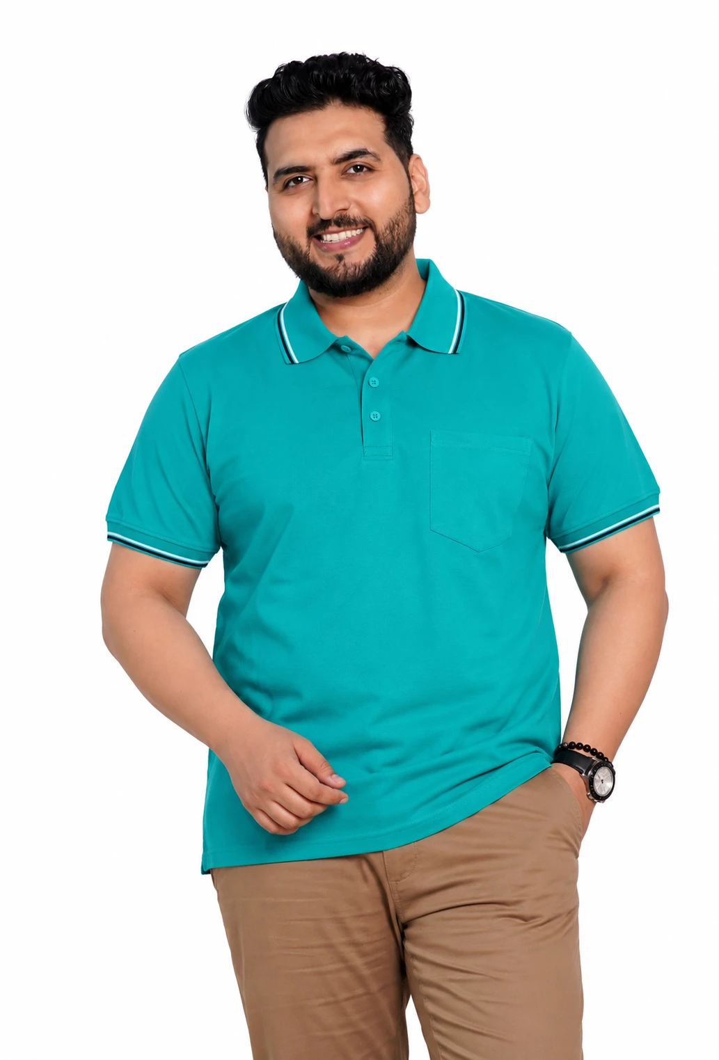 Teal Contrast-Trim Plus Size Polo T-Shirt