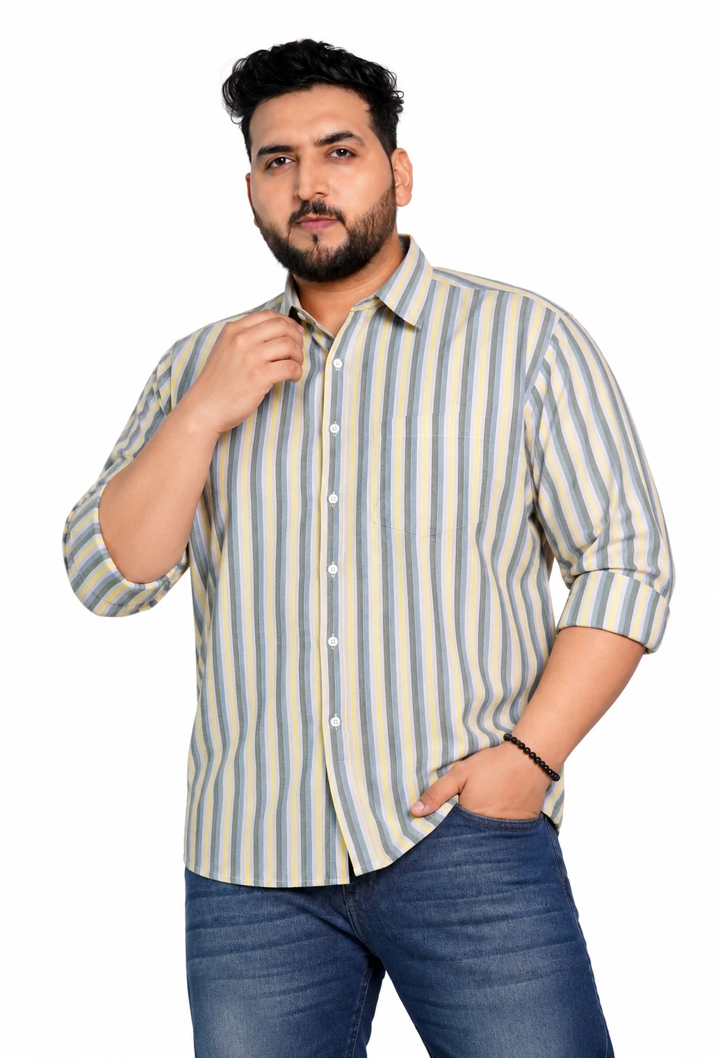 Yellow and Grey Stripe Full-Sleeve Plus Size Shirt alternate view