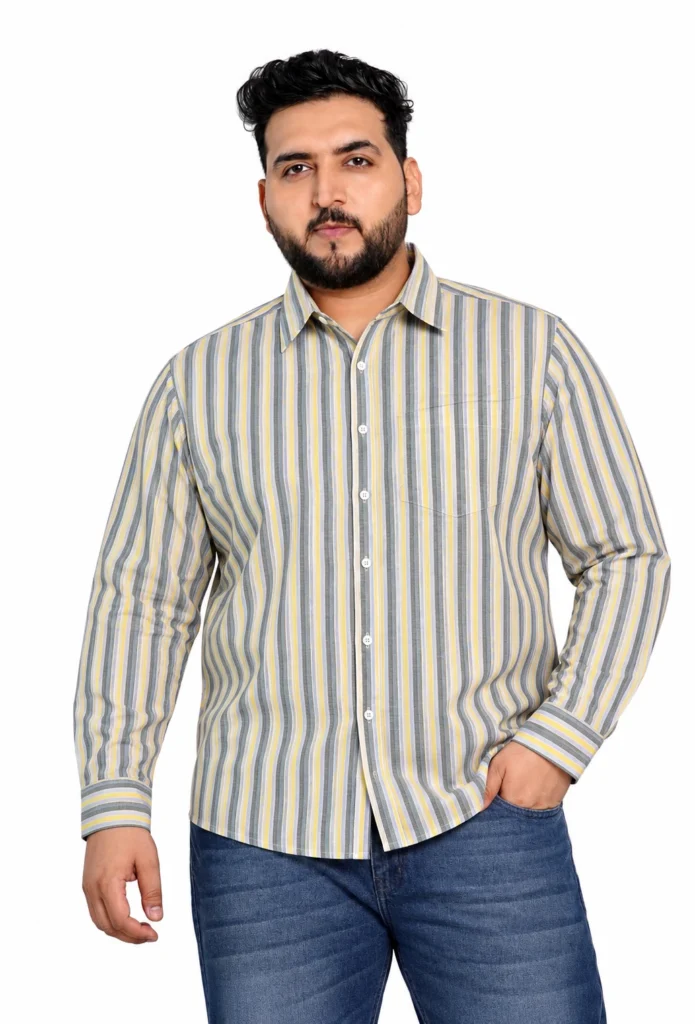 Yellow and Grey Stripe Full-Sleeve Plus Size Shirt