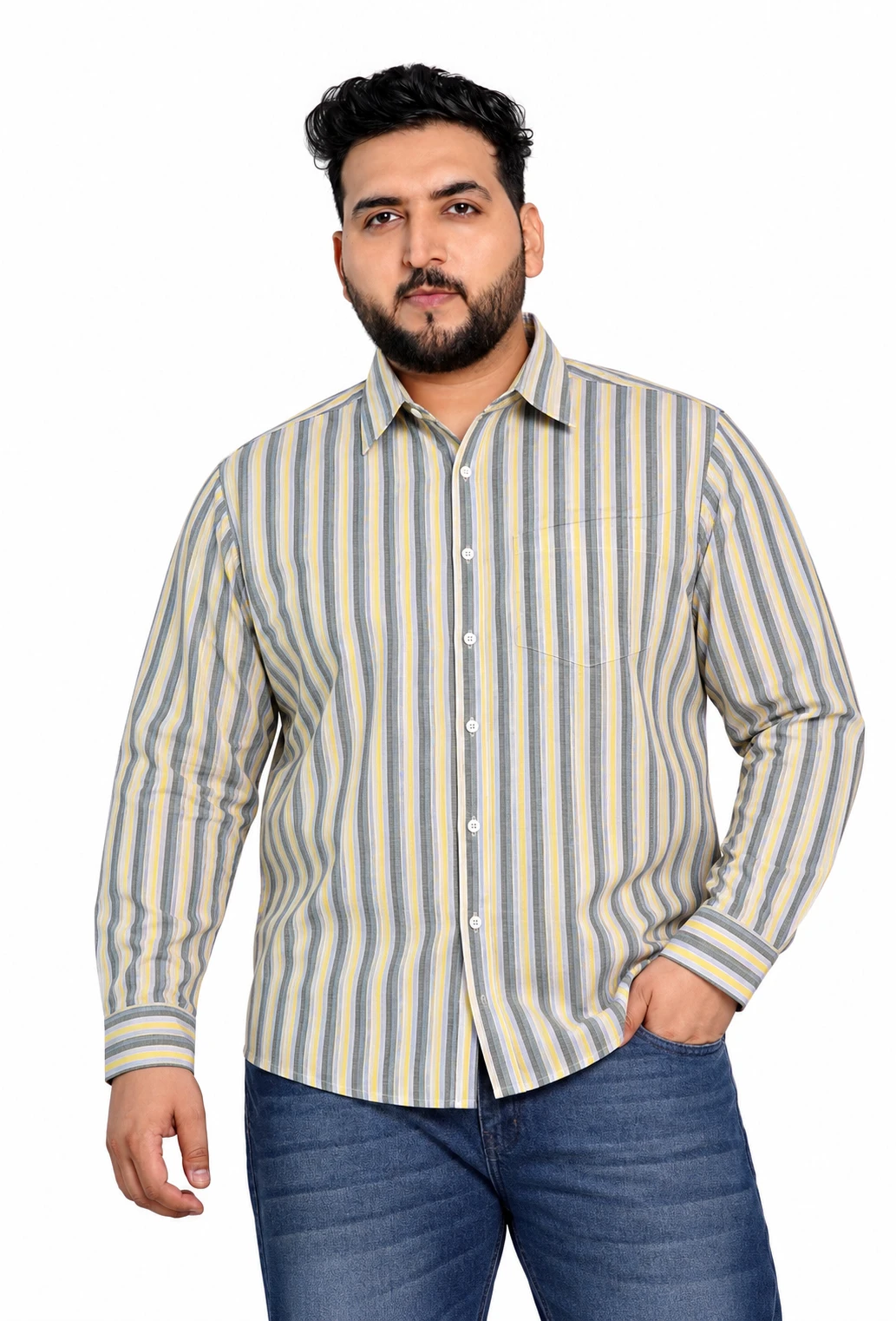 Yellow and Grey Stripe Full-Sleeve Plus Size Shirt