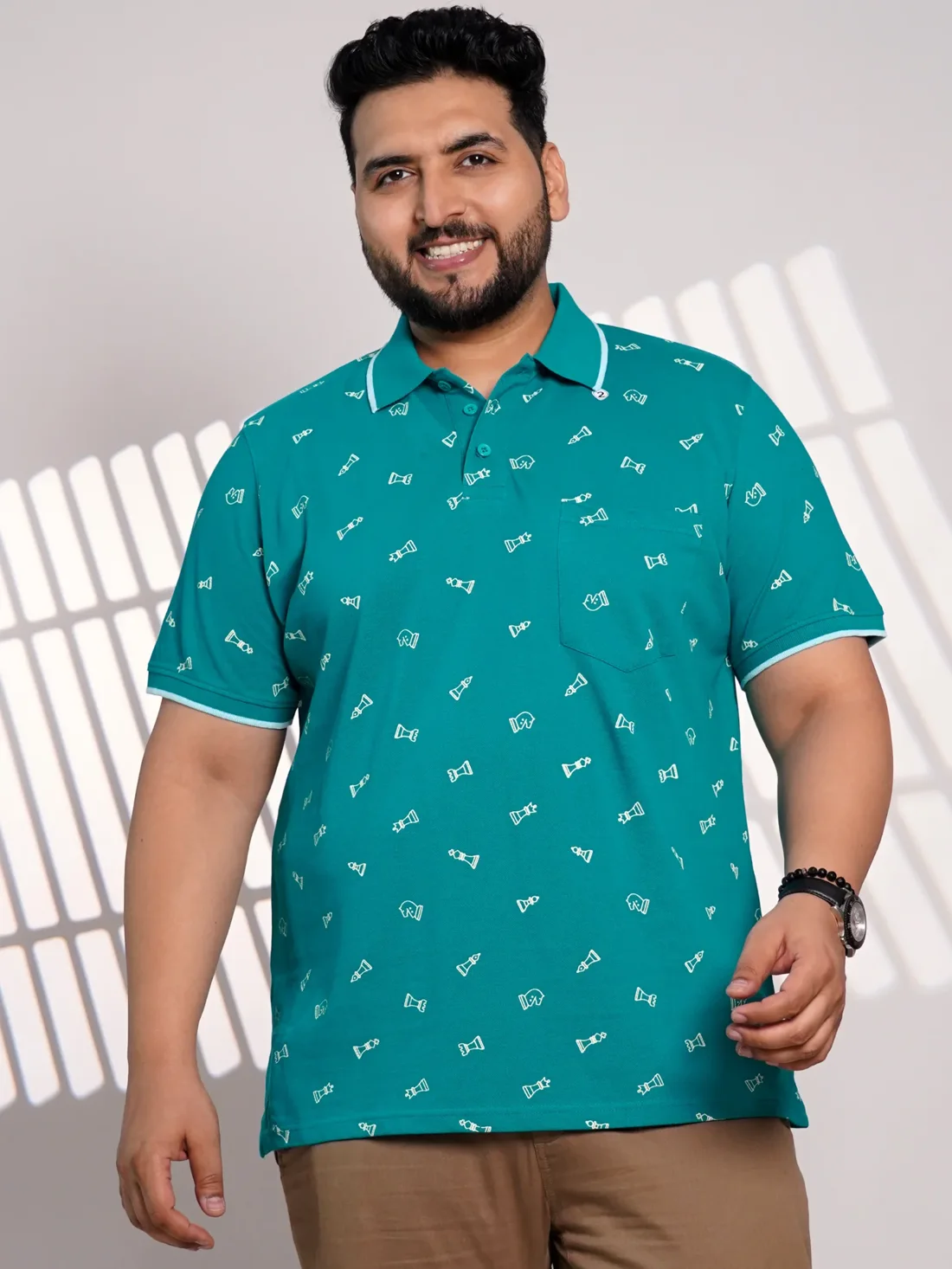 Plus Size Teal Chess Print Polo T-Shirt for Men