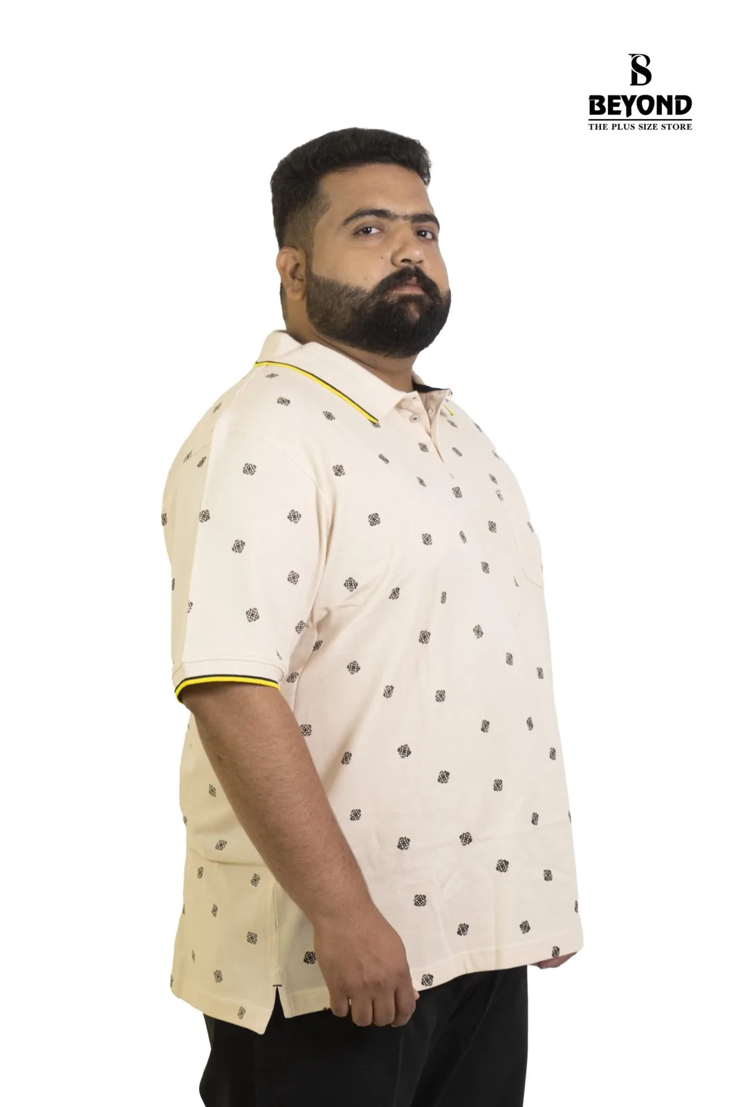 Beige Printed Polo T-Shirt with Contrast Yellow Piping (2XL–8XL) alternate view